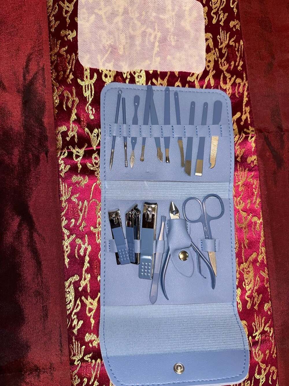 Stainless Steel Manicure And Pedicure Tool Kit With Blue PU Leather Case